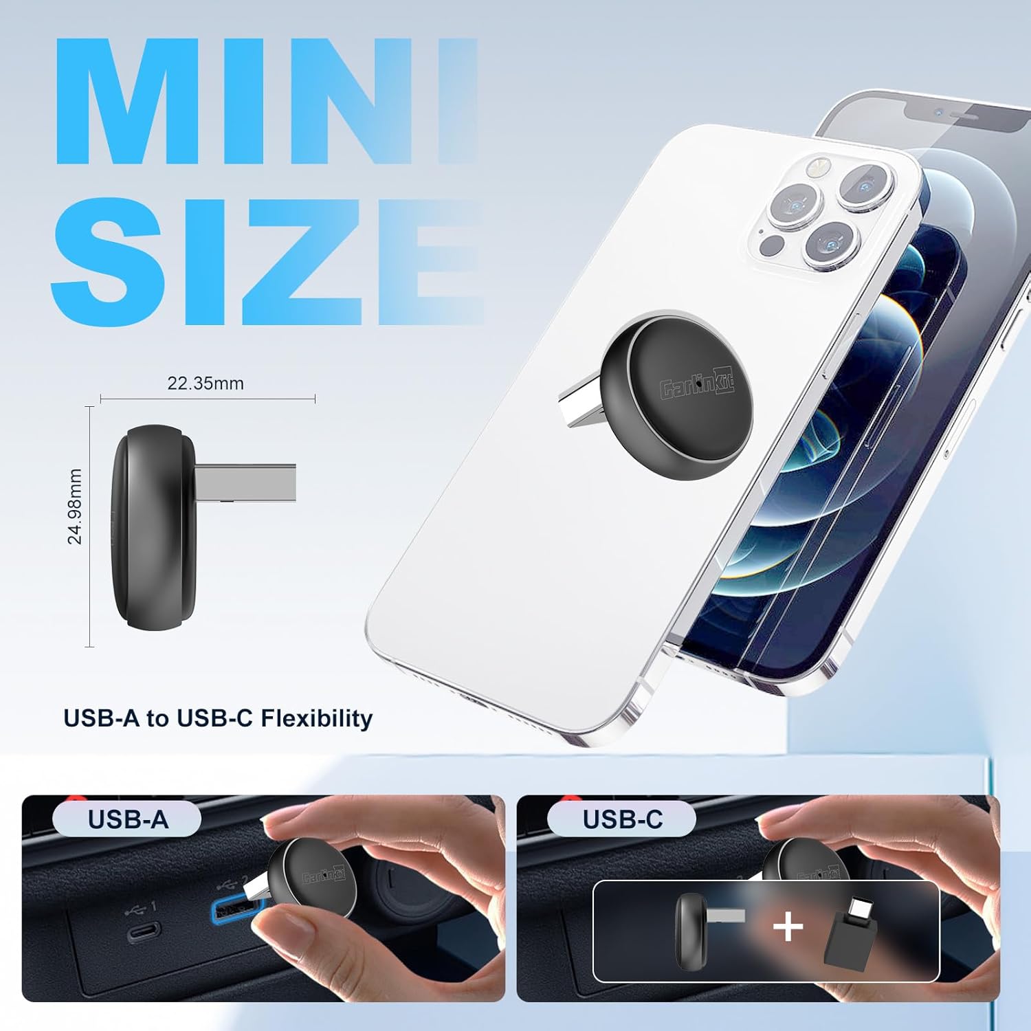 Carlinkit Mini Ultra Wireless CarPlay & Android Car Adapter, Convert Factory Wired to Wireless, USB-A/USB-C Fast Connection for iOS 10+ & Android 11+, Plug & Play Car Play