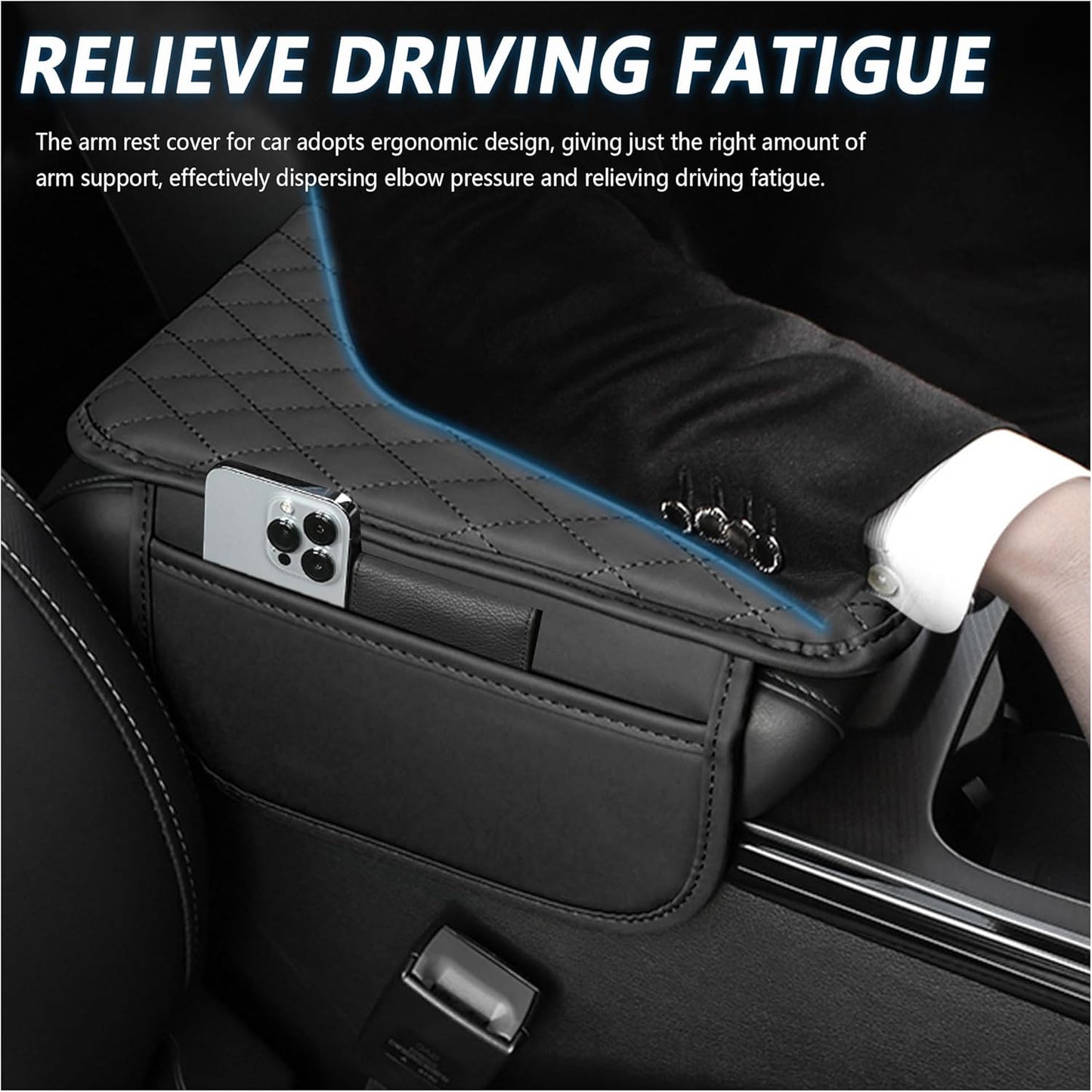 Upgraded Car Center Console Cover,Microfiber Leather Car Armrest Cover Cushion with 2 Storage Bags,Car Armrest Storage Box Car Interior Accessories for Most Vehicles (Black)