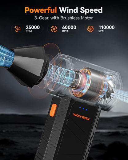 منفاخ هواء كهربائي من طراز MegaFlow 50 من WOLFBOX بسرعة 110000 دورة في الدقيقة، منفاخ صغير قابل لضبط 3 سرعات، لاسلكي، شحن سريع، مناسب لإزالة الغبار في أجهزة الكمبيوتر، لوحات المفاتيح، السيارات