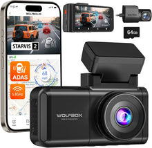WOLFBOX X3 2.5K 60FPS Dash Camera, STARVIS 2 IMX675 with ADAS, 2.5K+1080P Dual Dashcam Front and Rear Camera, Built-in 5.8GHz WiFi & GPS, Included 64GB Card, Touch Screen, G-Sensor, Loop Recording