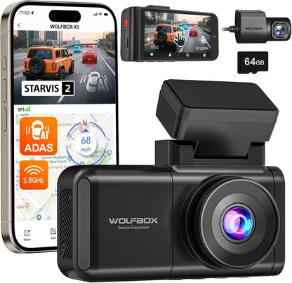 WOLFBOX X3 2.5K 60FPS Dash Camera, STARVIS 2 IMX675 with ADAS, 2.5K+1080P Dual Dashcam Front and Rear Camera, Built-in 5.8GHz WiFi & GPS, Included 64GB Card, Touch Screen, G-Sensor, Loop Recording
