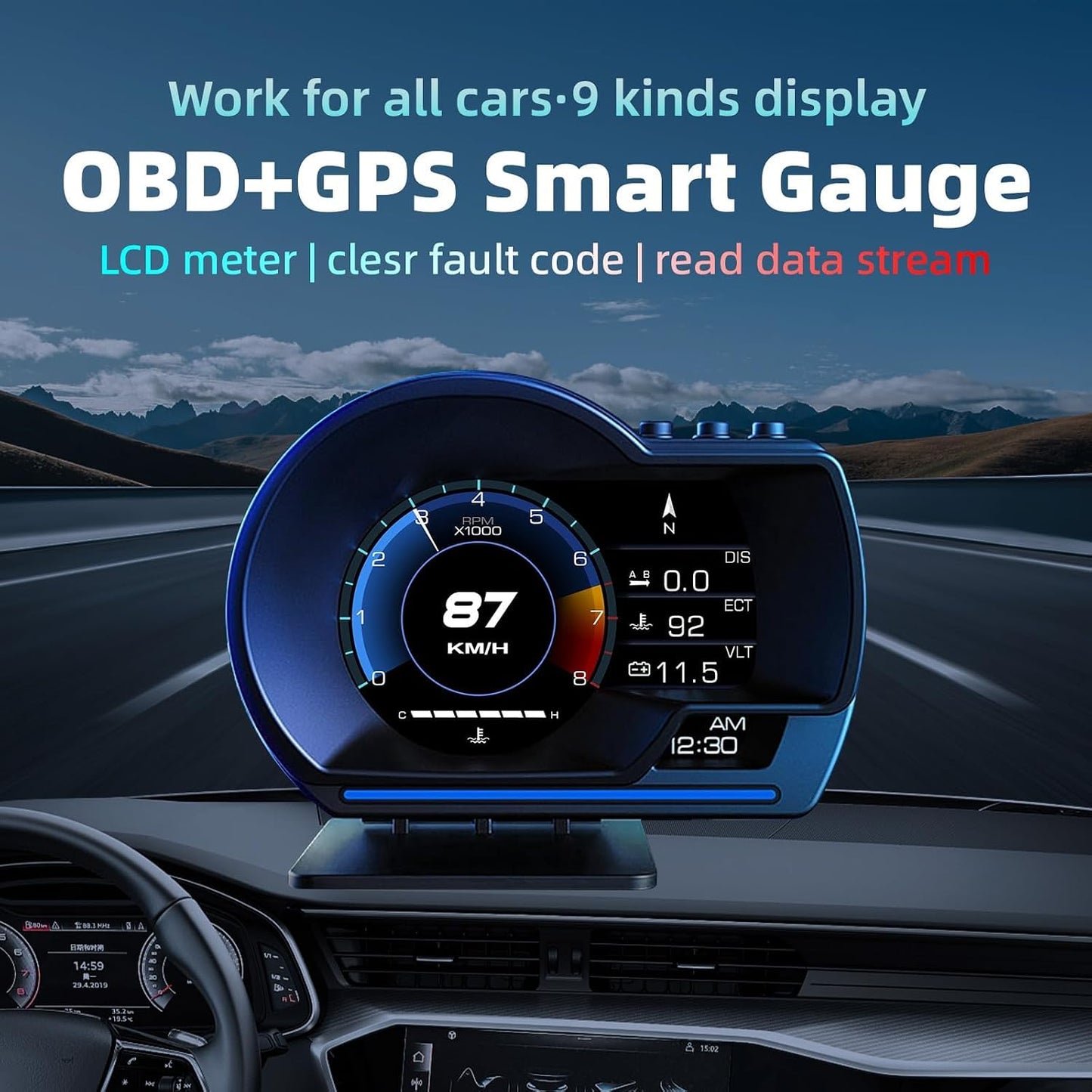 شاشة عرض OBD2+GPS مزدوجة الوضعية للسيارة، 10 واجهات وطريقتان للتركيب، مقياس ذكي لبيانات قيادة السيارة مع سرعة دورة في الدقيقة ودرجة حرارة الماء والوقود وانذار السرعة الزائدة وماسح رمز الخطأ