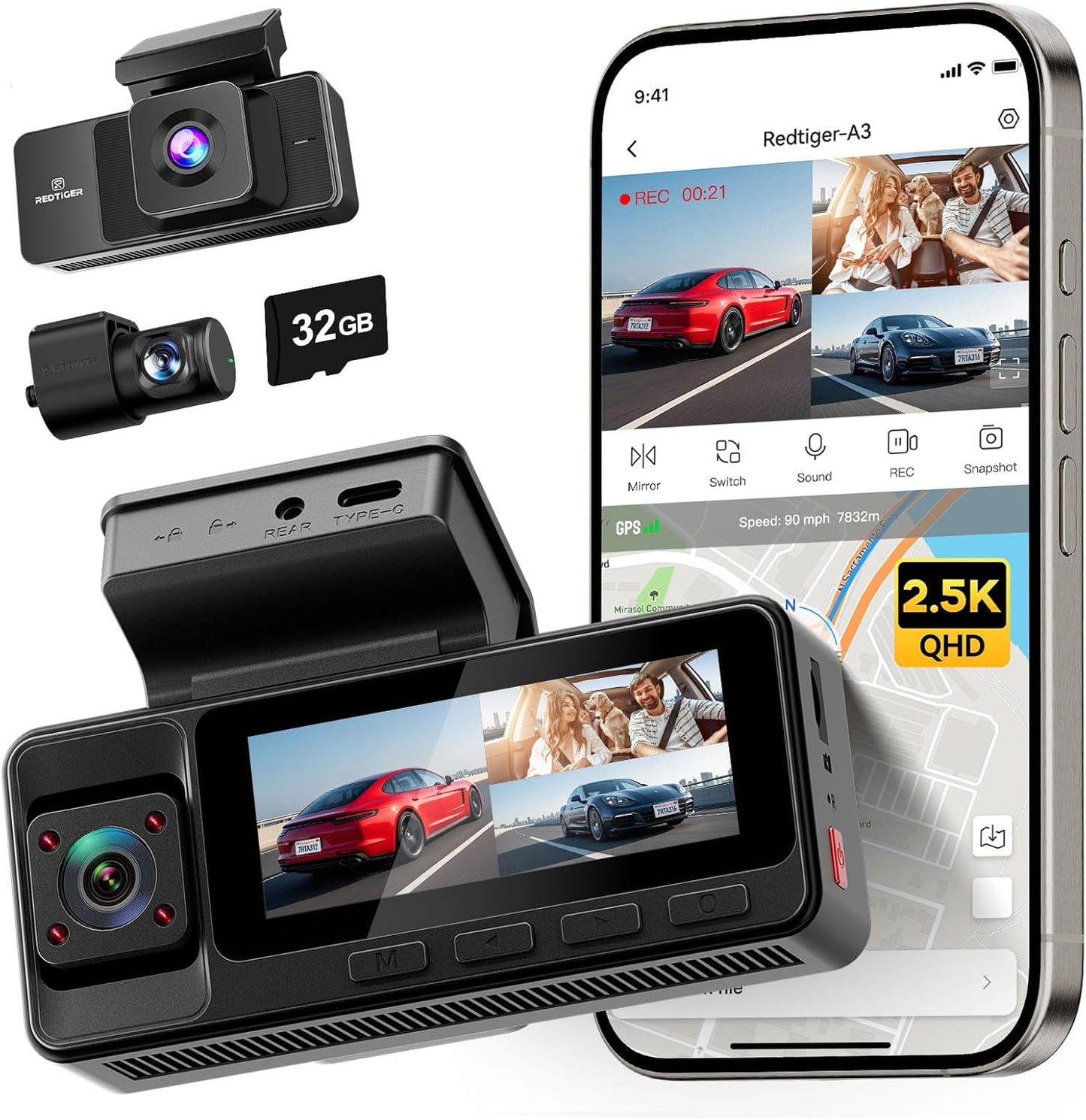 REDTIGER A3 3 Channel Dash Cam Front Rear, 1440P+1080P+1080P Dash Camera, Support Arabic language, Included 32GB Card, 24H Parking Mode, 3.18''Screen Car Camera, WiFi, IR Night Vision, Loop Recording