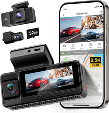 REDTIGER A3 3 Channel Dash Cam Front Rear, 1440P+1080P+1080P Dash Camera, Support Arabic language, Included 32GB Card, 24H Parking Mode, 3.18''Screen Car Camera, WiFi, IR Night Vision, Loop Recording