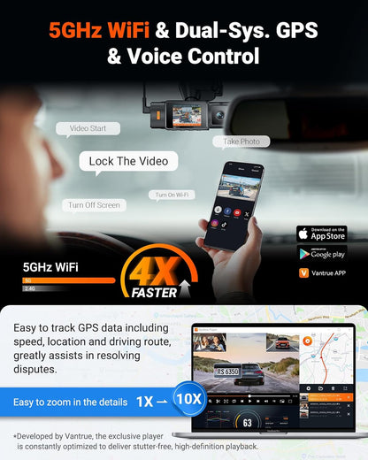 Vantrue N4S 3 Channel WiFi Dash Cam, STARVIS 2, PlatePix™, 2.7K+1440P+1440 Front Inside Rear Dashcam, HDR, IR Night Vision, Voice Control, GPS, G-sensor, 24/7 Buffered Parking Mode, Support 1TB Max