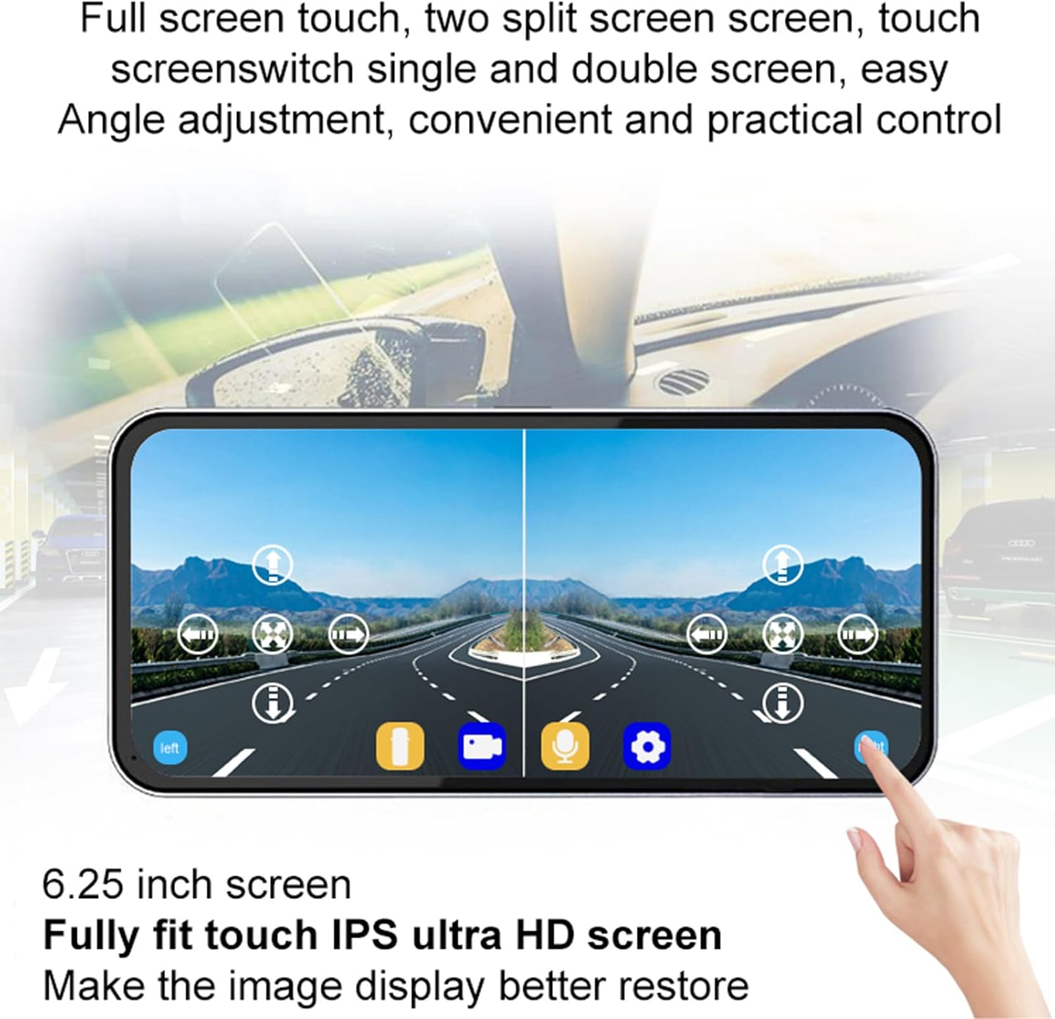 نظام مراقبة كاميرا النقطة العمياء HD 6.25 انش من فوجكوريل، شاشة تعمل باللمس HD 1440 × 720 بكسل مع كاميرا للنقاط العمياء، شاشة تقسيم ثنائية الاتجاه، نظام كاميرا رؤية جانبية فضي (6.25 انش فضي)