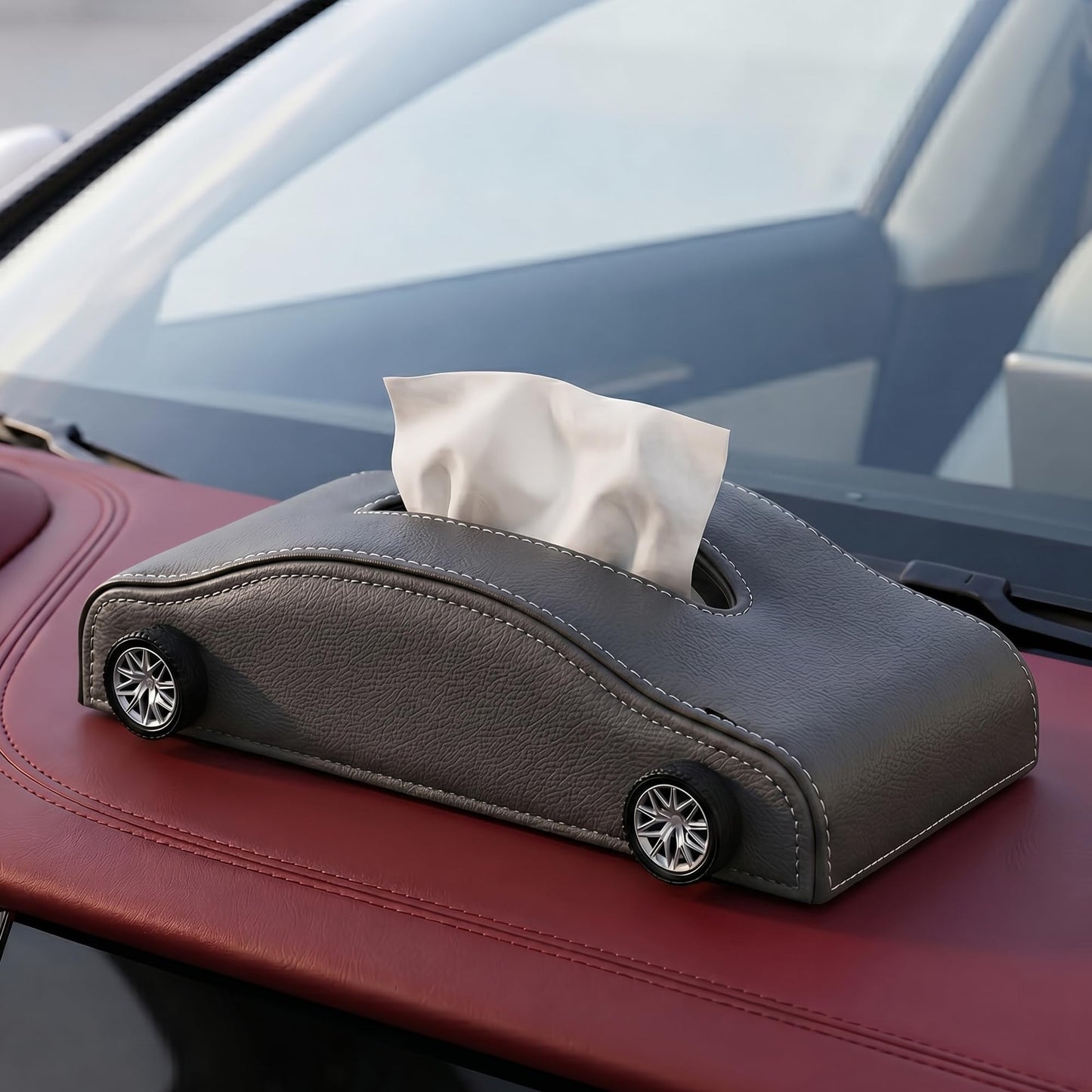 Car-Shaped Tissue Box Holder, PU Leather Tissue Case with Anti-Slip Base, Auto Interior Organizer Napkin Holder, Luxury Car Accessories for Dashboard (Black and beige)