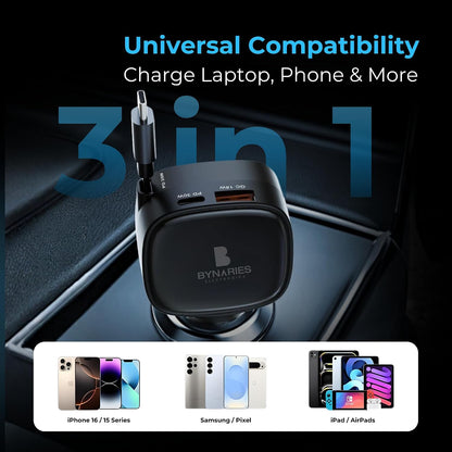 شاحن سيارة قابل للسحب 84 واط من بيناريز، شحن سريع مزدوج PD 33 واط، USB-C مع كيبل شاحن سيارة مدمج 80 سم، صغير للغاية، محول سيارة لايفون 15/16/17، سامسونج، ماك بوك وايربودز.