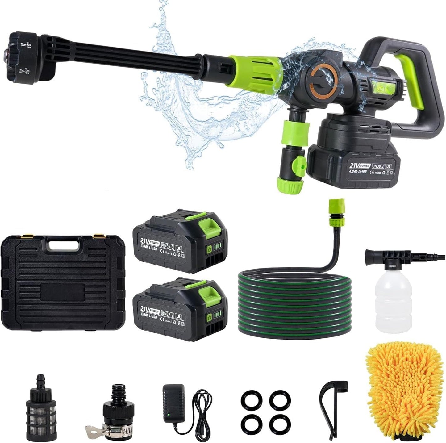 Cordless Pressure Washer gun, Portable Power Washer with 2 Long-Lasting Battery, 3 Pressure Levels, 6-in-1 Nozzle, Foam Cannon, for Car Yard Cleaning Garden Watering