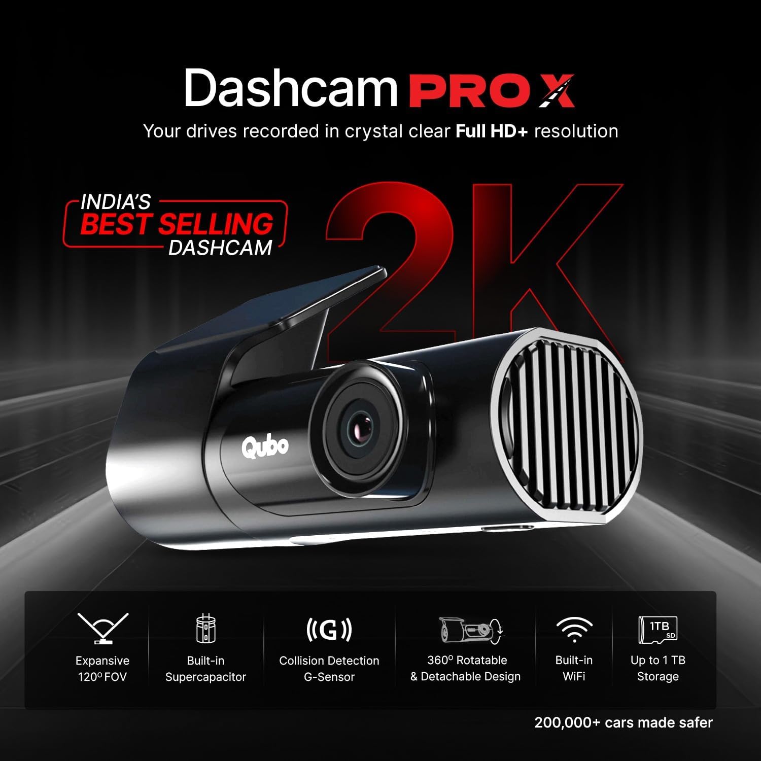 Qubo Car Dash Camera Pro X from Hero Group | 2MP FHD 1080p | Made in India Dashcam | Super Capacitor | WiFi | with Emergency Recording | Easy DIY Set Up | Up to 1TB SD Card Supported | (Space Grey)