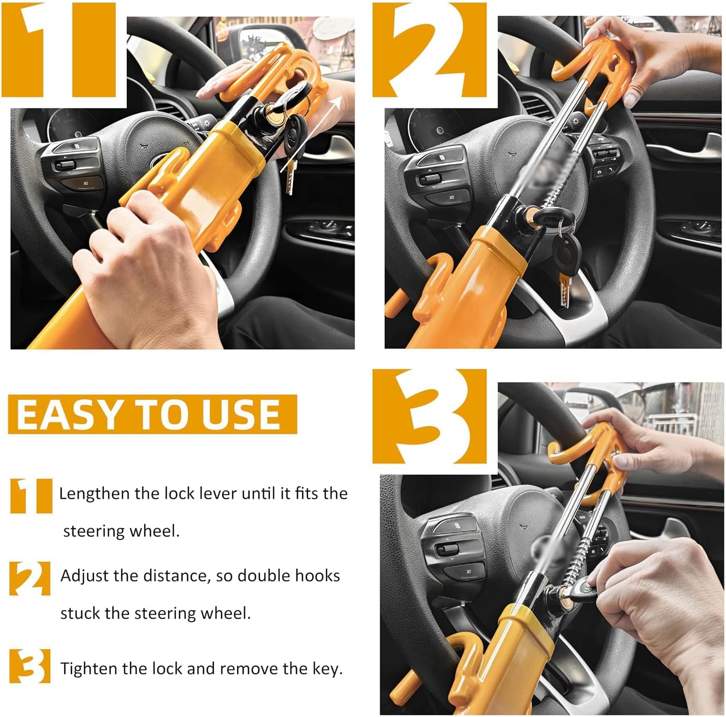 THE WHITE SHOP Steering Wheel Lock for car Universal Adjustable Length Anti Theft Device Car Locks Double Hook Locks for Car SUV Pickup Truck Van (Yellow)