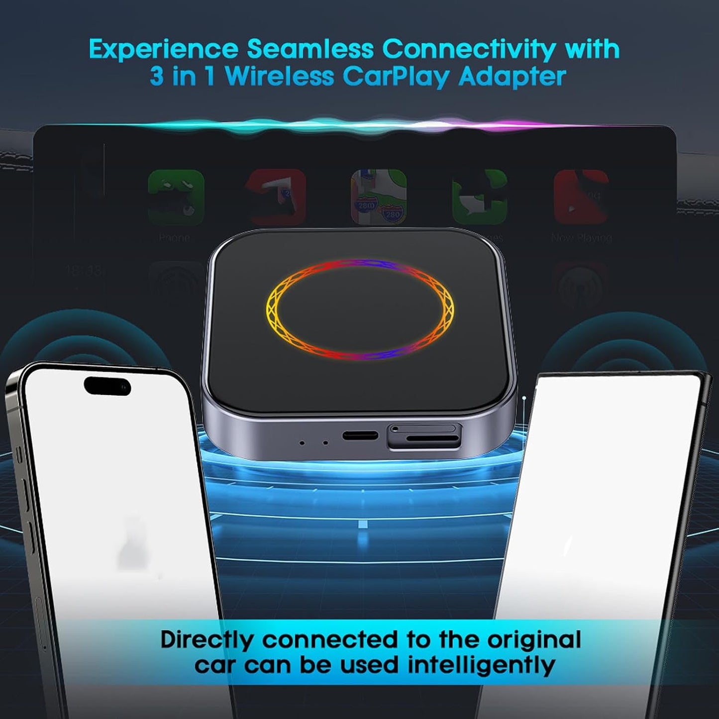 Goshyda 6 in 1 Auto Wireless Adapter, Converts Wired Car Play Android Auto to Wireless, 4G LTE SIM Card Slot, 4+64GB, Split Screen & OTA Updates