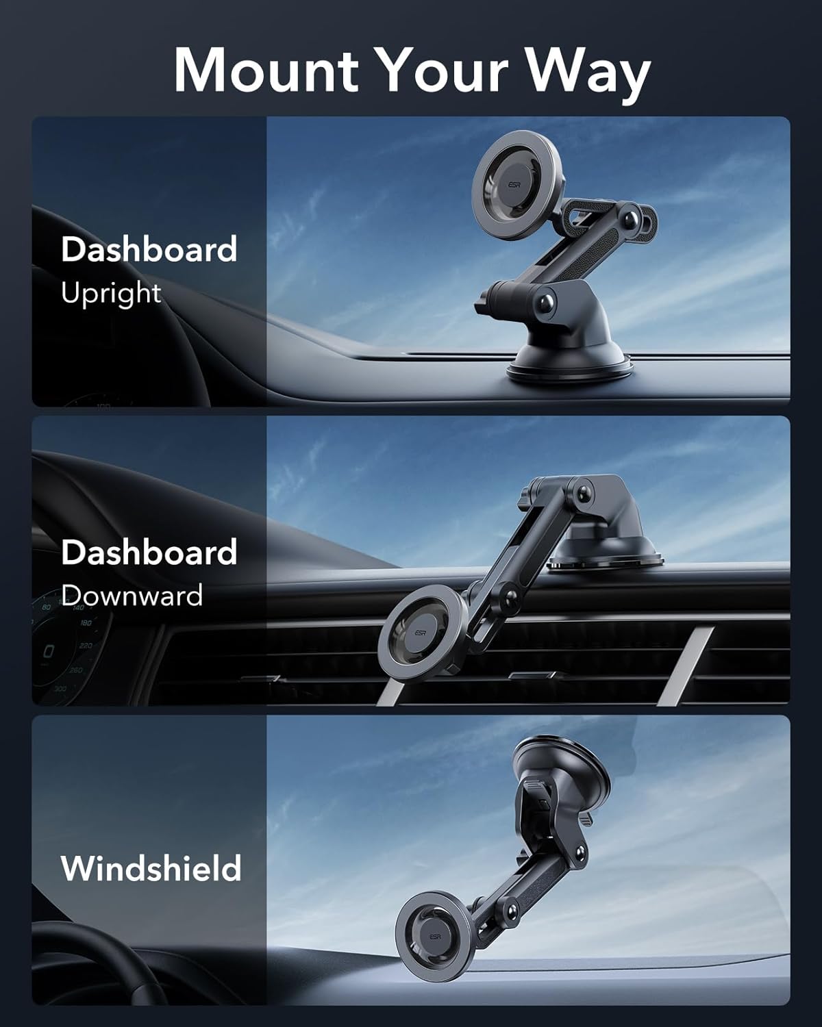 ESR Dashboard Magnetic Phone Holder for Car, for MagSafe Car Mount, Windshield Vacuum Car Mount for iPhone 17/16/16e/S25/Google Pixel 10, Car Accessories, Charging Not Supported,2 Metal Rings Included