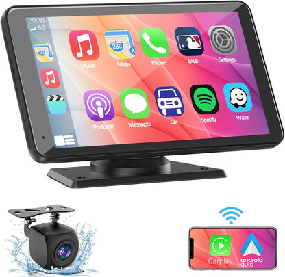 BuonaIdea Wireless Double Din Car Stereo Compatible with Apple Carplay and Android Car, 7 Inch HD Portable Bluetooth Carplay Touch Screen for Car,with Car Play Dash Mount and Backup Camera