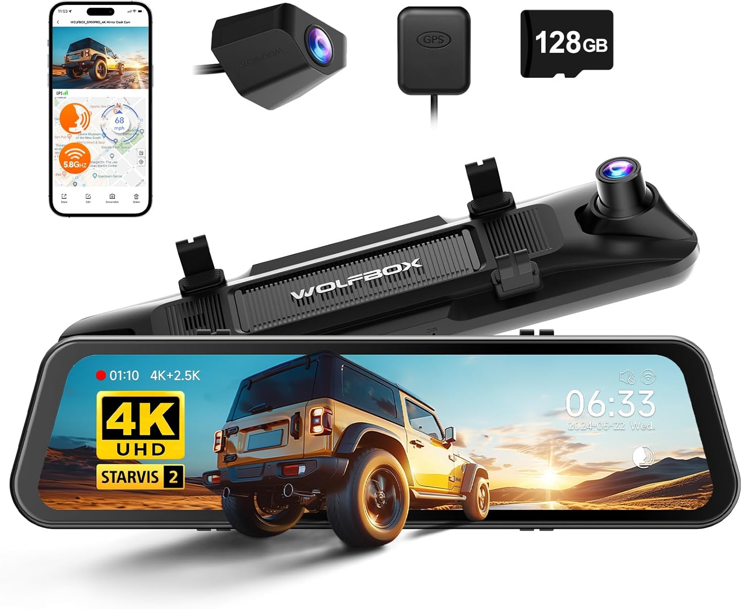 WOLFBOX G900 PRO Mirror Dash Cam with STARVIS 2 IMX678 features a 12-inch mirror, 4K front and 2.5K rear recording. Includes 128GB card, voice control, 5.8GHz WiFi, loop recording, G-sensor, and GPS