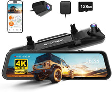 WOLFBOX G900 PRO Mirror Dash Cam with STARVIS 2 IMX678 features a 12-inch mirror, 4K front and 2.5K rear recording. Includes 128GB card, voice control, 5.8GHz WiFi, loop recording, G-sensor, and GPS