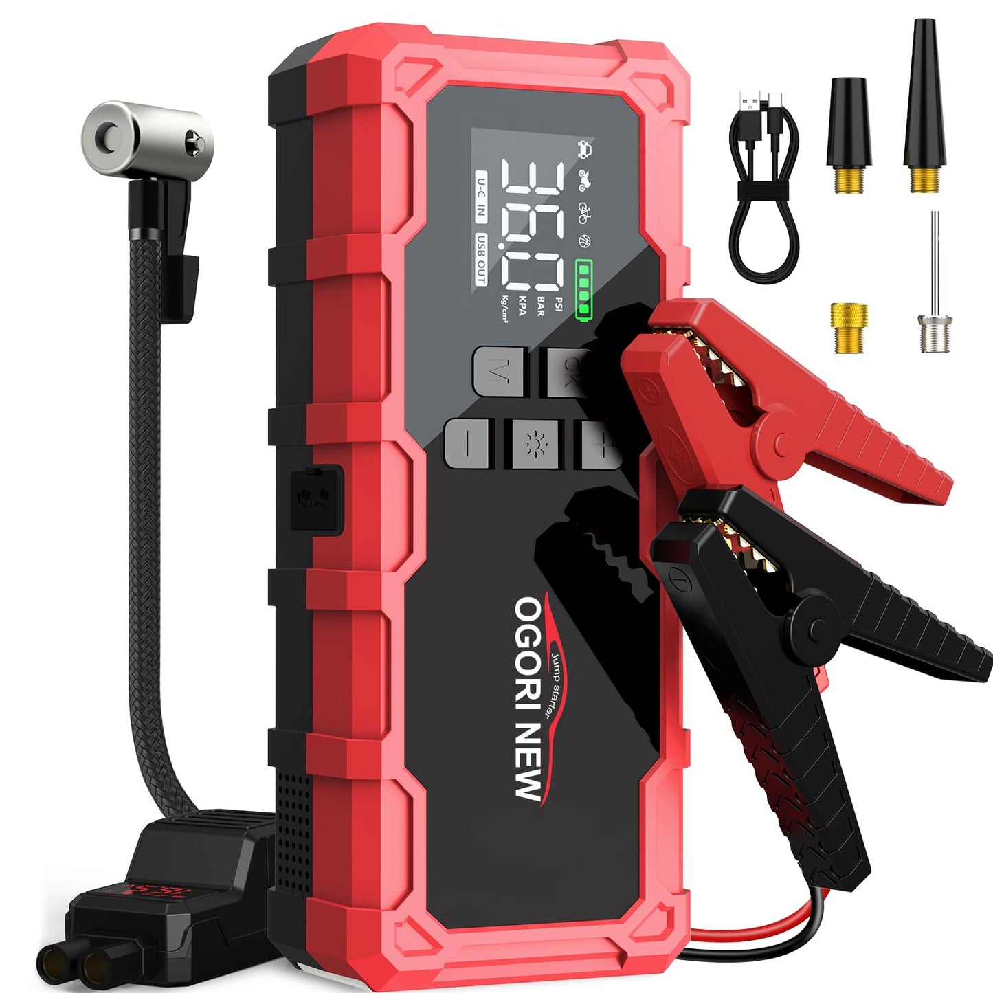 مشغل جامب ستارتر 7000 امبير مع ضاغط هواء، 21800mAh 150PSI بطارية سيارة محمولة (جميع الغاز/16 لتر ديزل)، صندوق قفز امن للغاية 12 فولت معزز بطارية السيارة مع كيبلات توصيل ومصابيح
