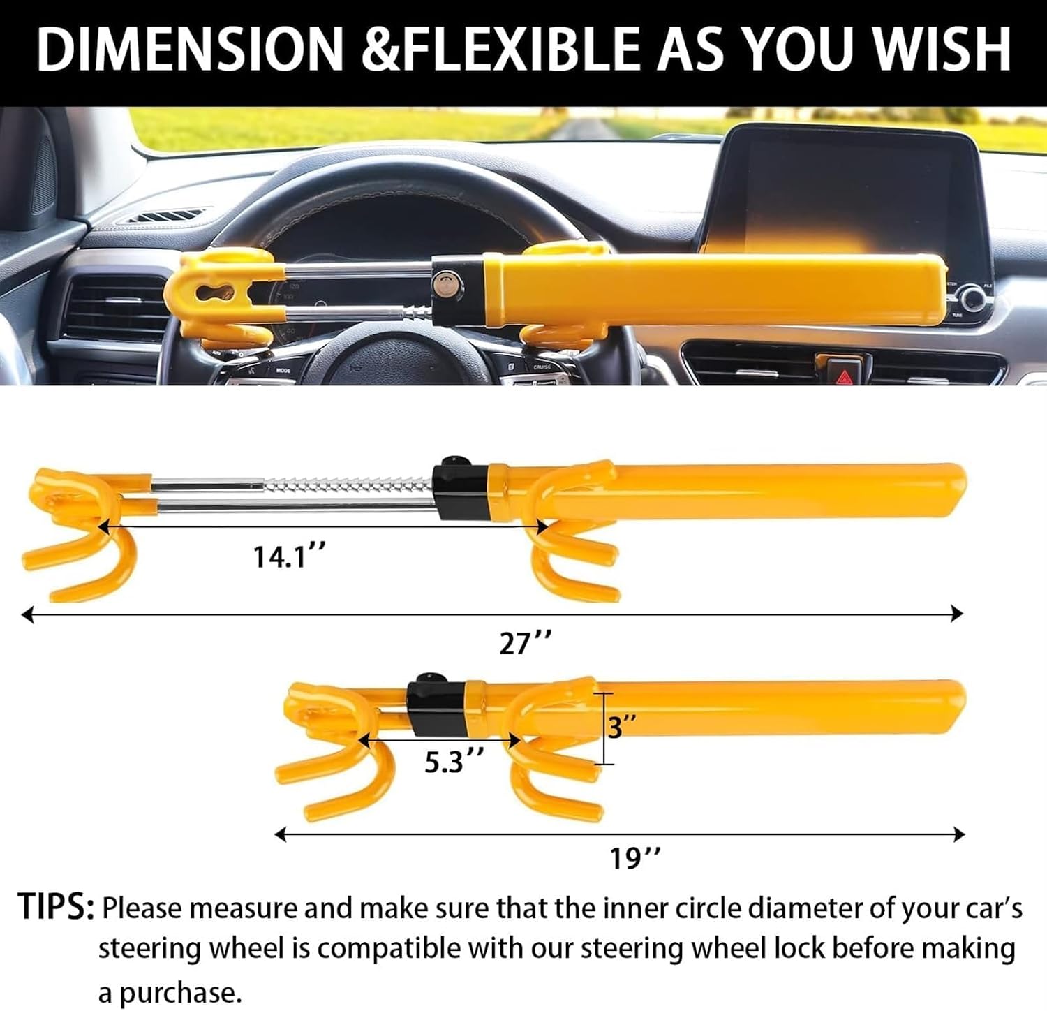 THE WHITE SHOP Steering Wheel Lock for car Universal Adjustable Length Anti Theft Device Car Locks Double Hook Locks for Car SUV Pickup Truck Van (Yellow)
