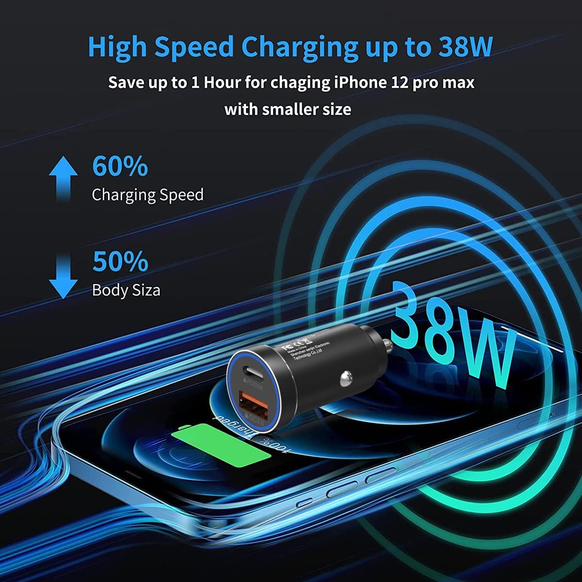 USB C Car Charger, 38W Fast USB Car Charger Adapter PD&QC 3.0 Dual Port for IPhone 13 12 11 Pro Max X XR XS 8, 20/10 S21/20/10 Google Pixel and More