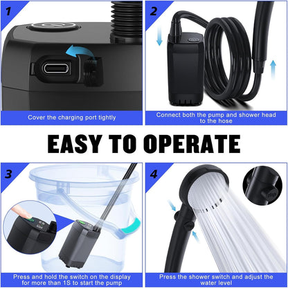 Portable Shower for Camping, 6000mAh Rechargeable Camping Shower Pump with LED Display of Battery Level and Temperature, 4 Spray Modes, IPX7 Waterproof Outdoor Camp Pump for Hiking, Travel, Car