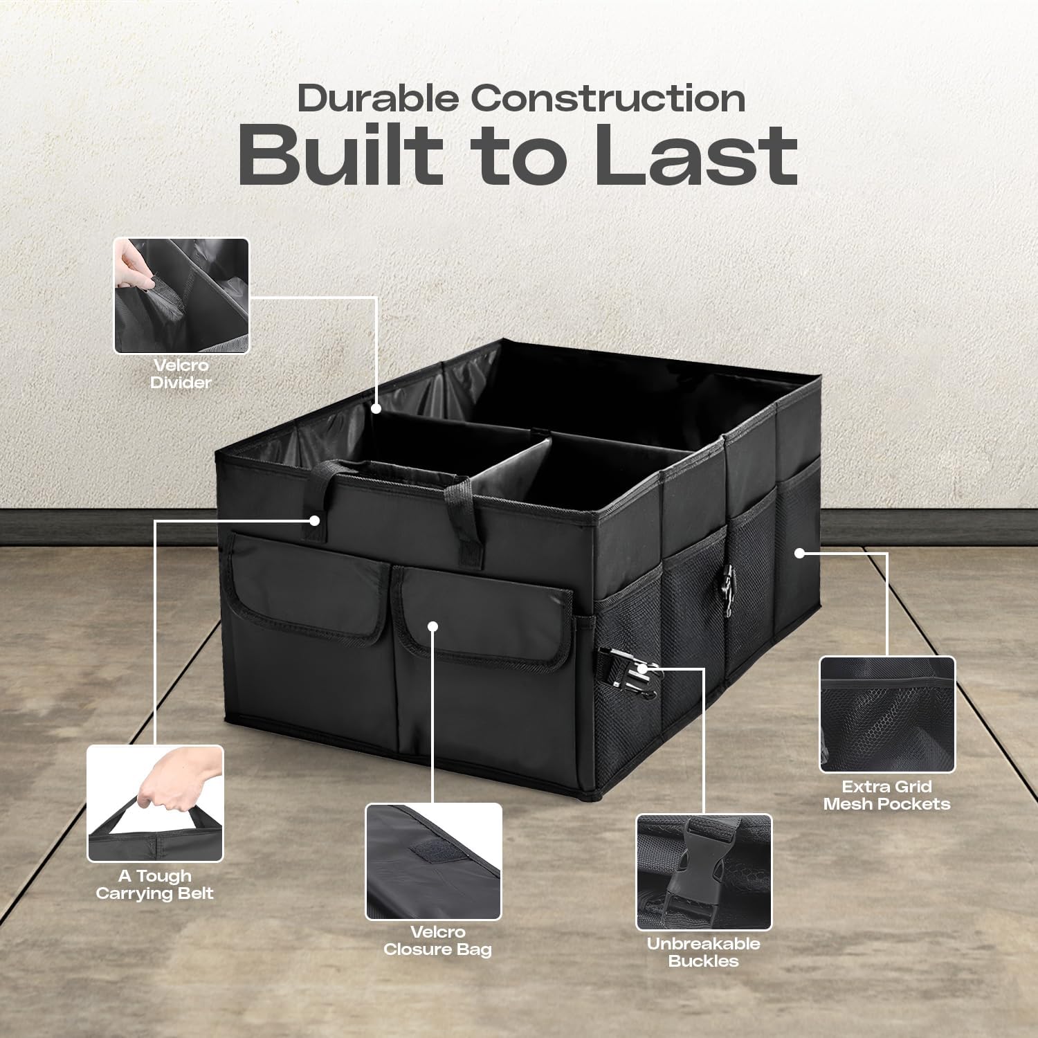 Natna Heavy Duty Foldable Car Trunk Organizer – Universal Fit for All Vehicles, Large Capacity and Spacious, Adjustable Compartments, Mesh Pockets, Collapsible Design, Tool Organizer and storage
