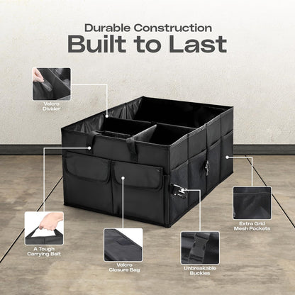 Natna Heavy Duty Foldable Car Trunk Organizer – Universal Fit for All Vehicles, Large Capacity and Spacious, Adjustable Compartments, Mesh Pockets, Collapsible Design, Tool Organizer and storage