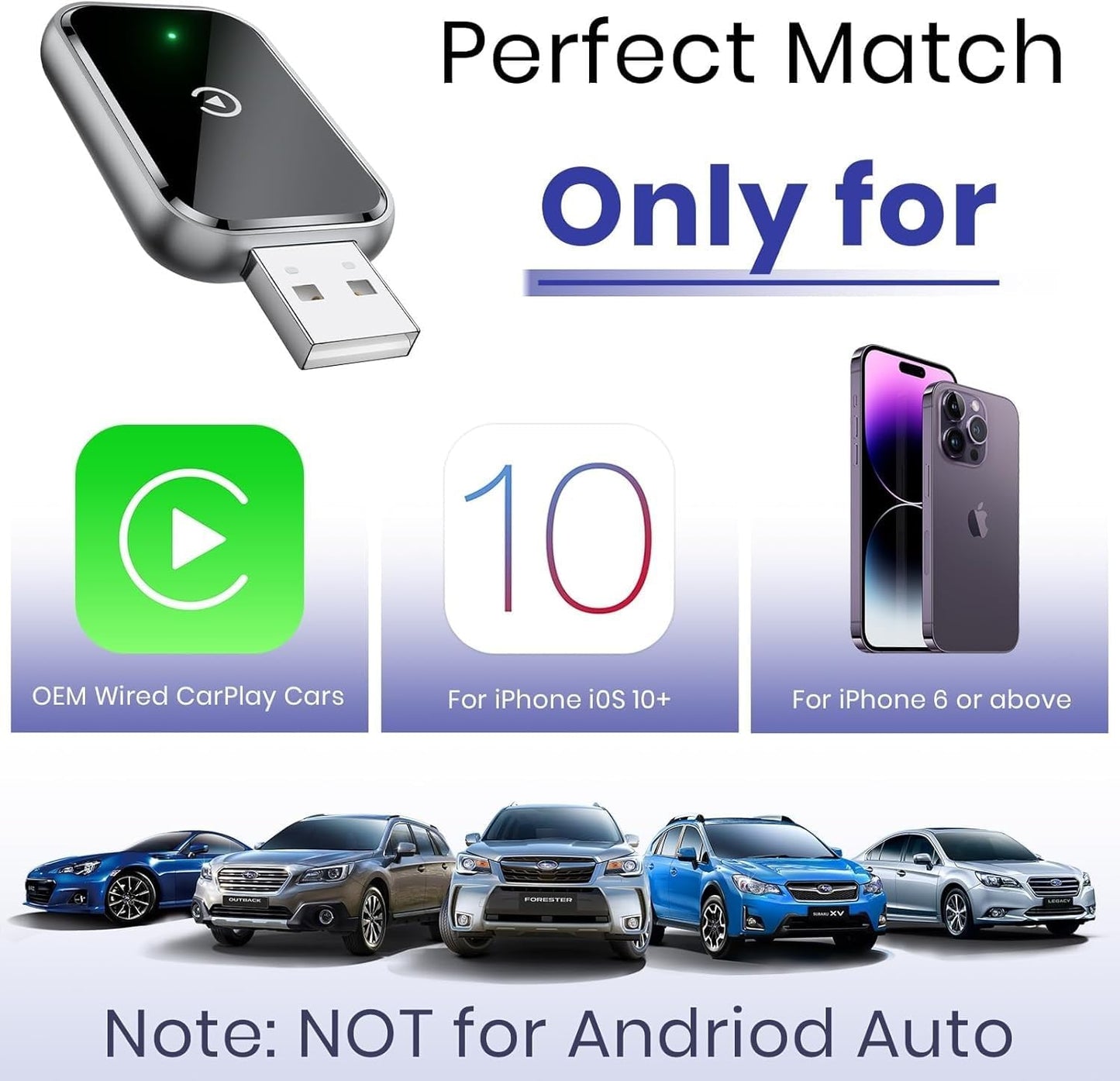 Wireless CarPlay Adapter for iPhone, USB-C CarPlay Dongle, Mini Plug & Play Bluetooth Adapter to Convert Wired to Wireless Car Play, USB/Type-C, No Delay