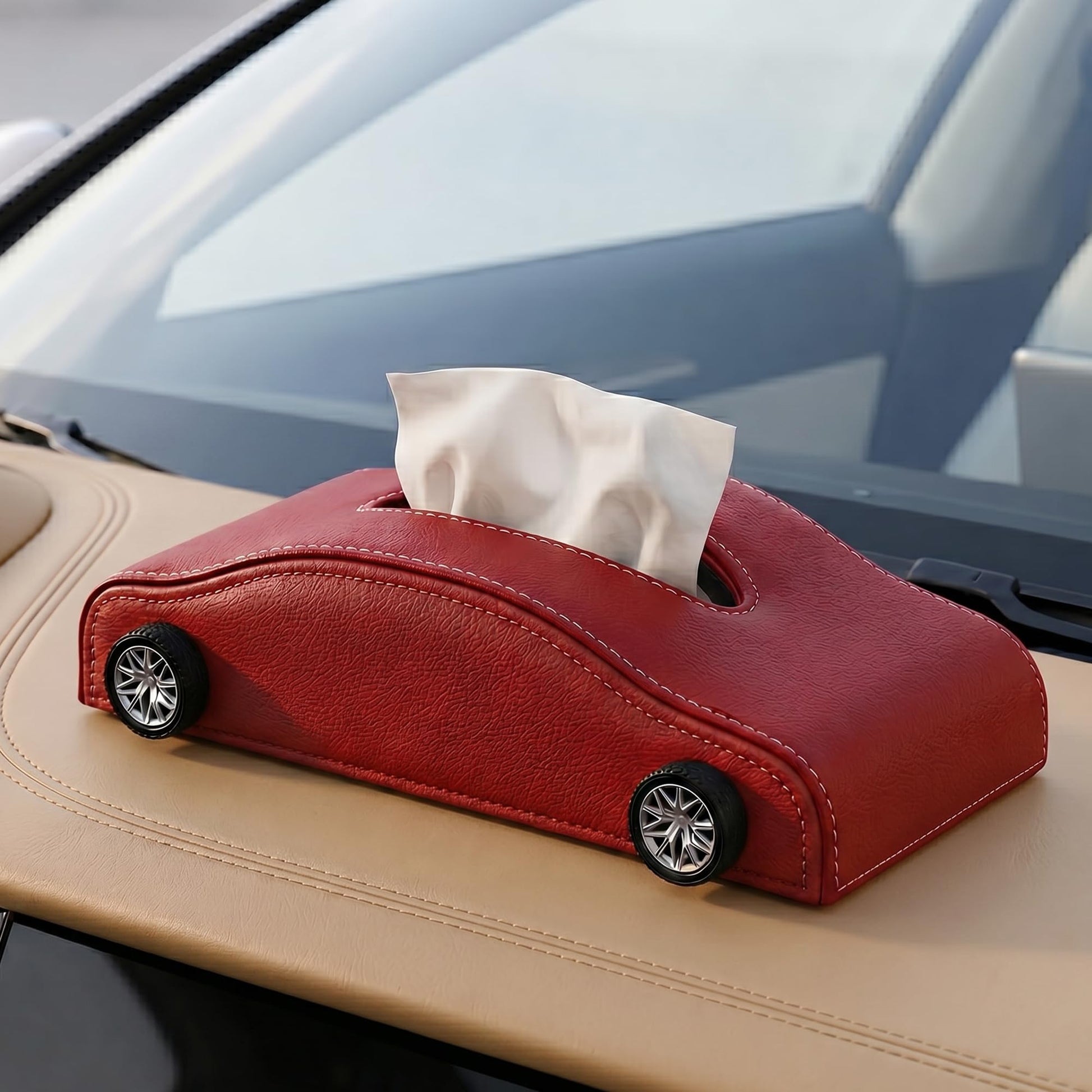 Car-Shaped Tissue Box Holder, PU Leather Tissue Case with Anti-Slip Base, Auto Interior Organizer Napkin Holder, Luxury Car Accessories for Dashboard (Black and beige)