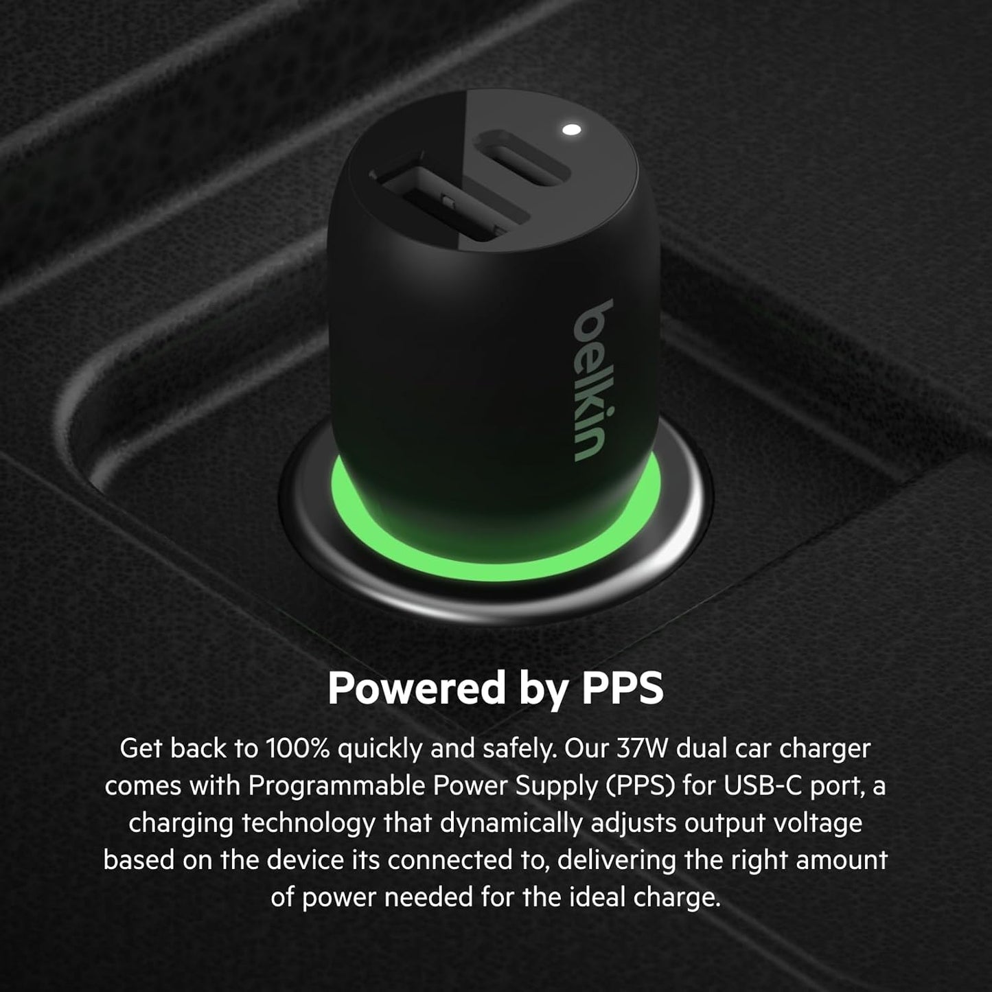 بلكن شاحن سيارة سريع بمنفذين 37 واط، منفذ USB نوع C 25 واط PPS ومنفذ USB A 12 واط لسامسونج جالاكسي S24 وS23 وS22 والترا و5G بلس ونوت 20 وايفون 16 و15 و14 و13 و12 وبرو وماكس وميني والمزيد