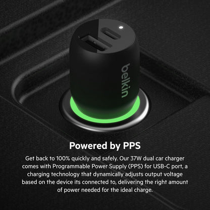بلكن شاحن سيارة سريع بمنفذين 37 واط، منفذ USB نوع C 25 واط PPS ومنفذ USB A 12 واط لسامسونج جالاكسي S24 وS23 وS22 والترا و5G بلس ونوت 20 وايفون 16 و15 و14 و13 و12 وبرو وماكس وميني والمزيد