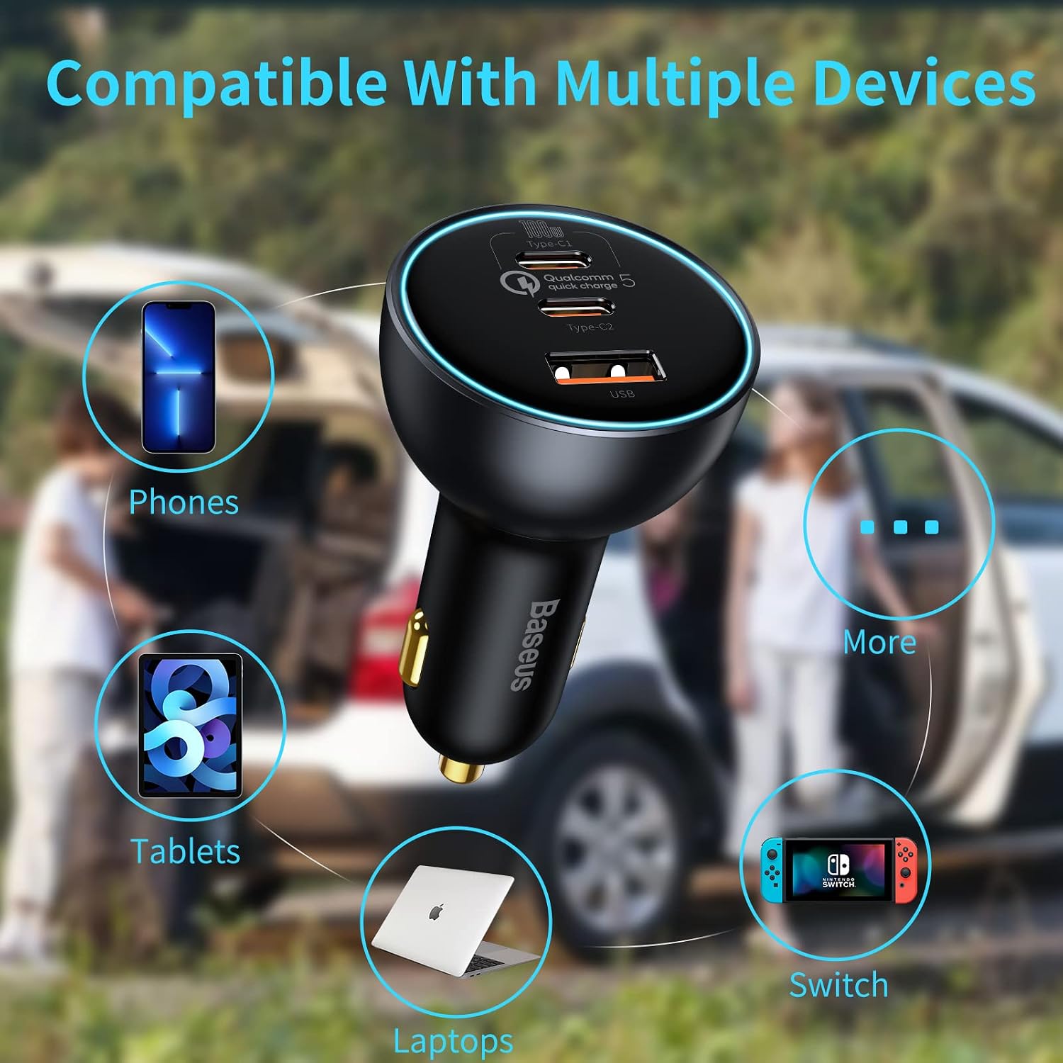 شاحن سيارة USB C، شاحن سيارة باسيوس 160 واط، محول شاحن سيارة سريع QC5.0 PD3.0 بـ3 منافذ، شاحن USB لولاعة السجائر لايفون كروم بوك وسامسونج جالاكسي S21 وايباد برو وماك بوك 2021 وديل لابتوب