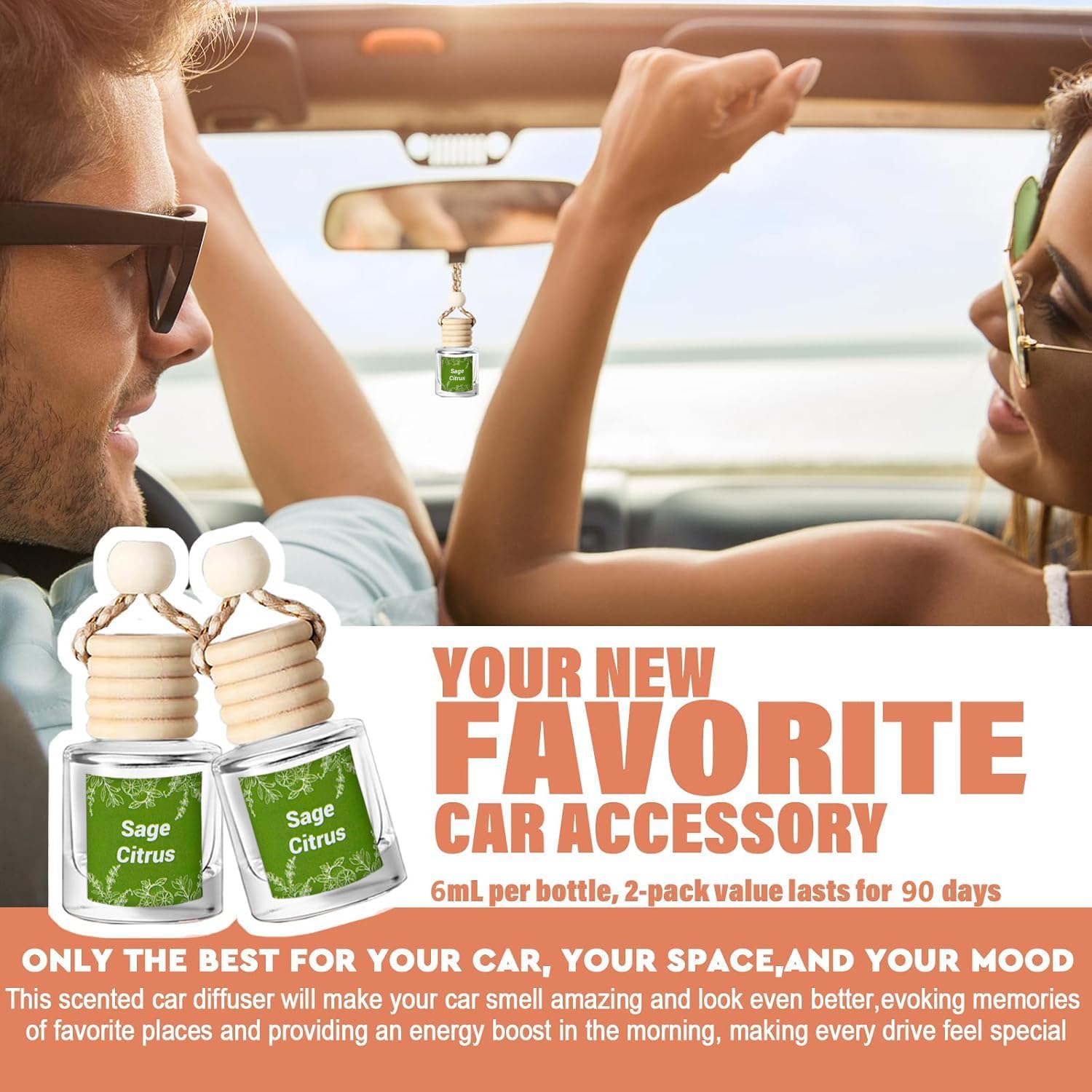 Car Air Freshener Hanging 2 Bottle, Essential Oil Diffuser for Car, Car Air Freshener Cute, Long Lasting Air Freshener for Car, air Fresheners for Women Men, Air Diffusers (whitesage)
