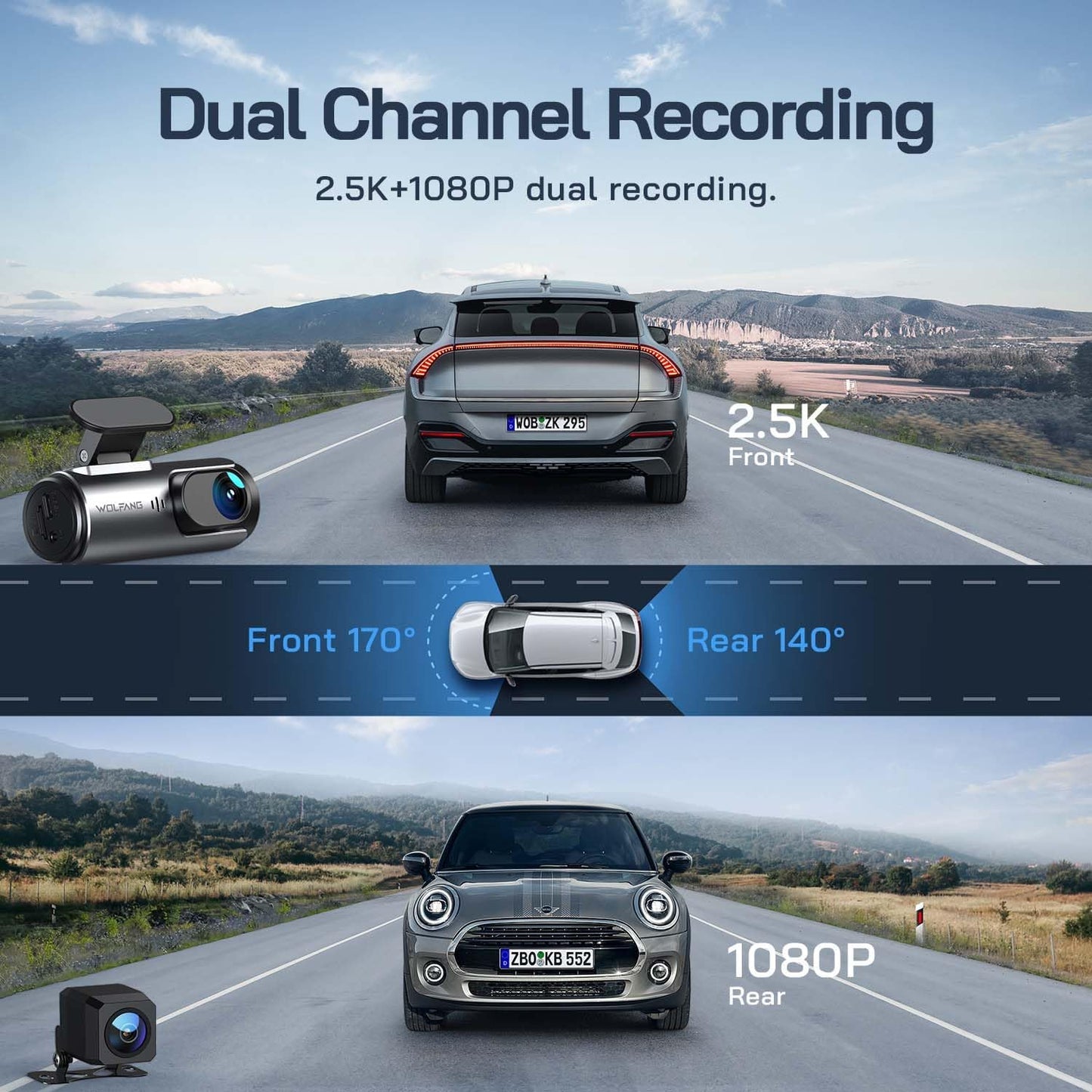 WOLFANG 4K Dash Cam Front and Rear WiFi Dashcam, Dual Car Camera Dash Cam with Super Night Vision, Loop Recording, G-Sensor, 170 Wide Angle, Parking Guard, with SD Card, APP Control