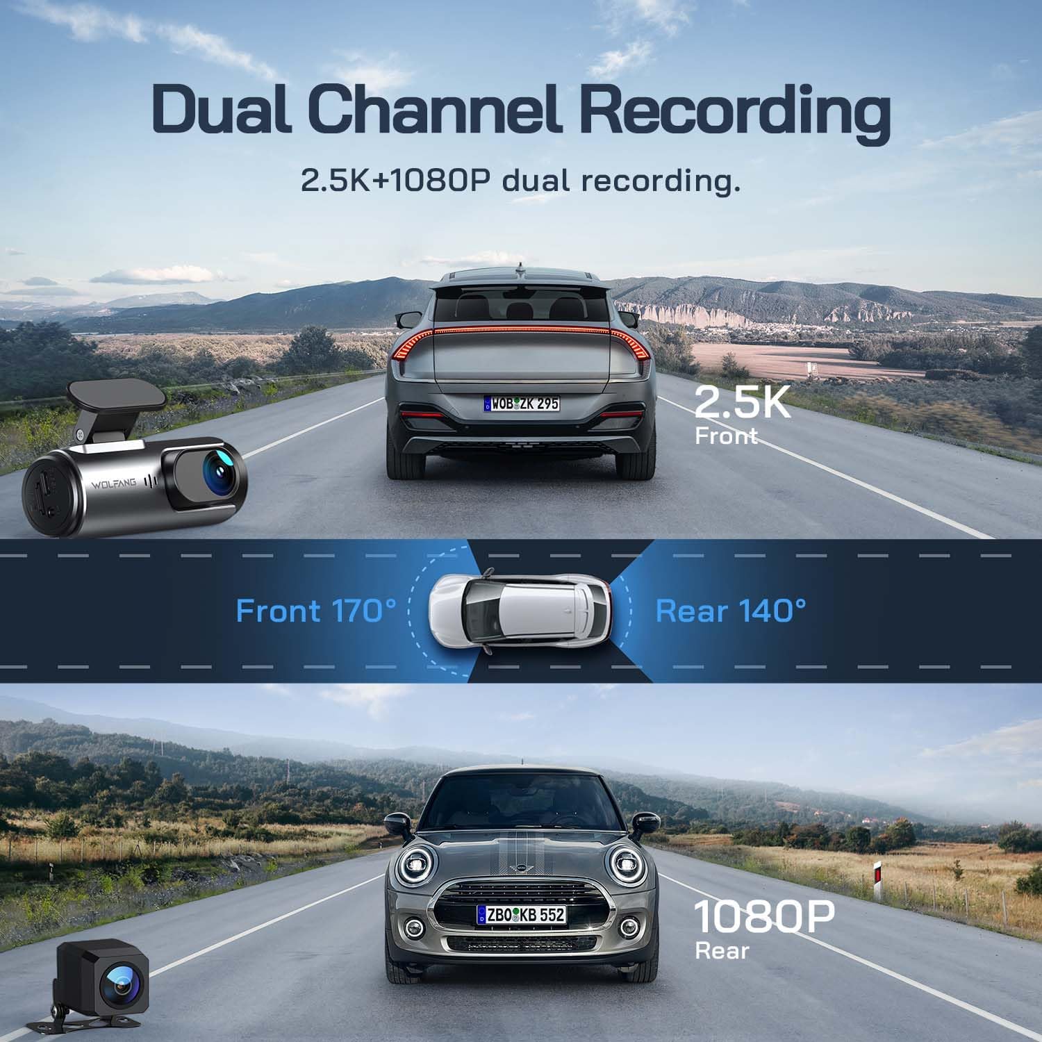 WOLFANG 4K Dash Cam Front and Rear WiFi Dashcam, Dual Car Camera Dash Cam with Super Night Vision, Loop Recording, G-Sensor, 170 Wide Angle, Parking Guard, with SD Card, APP Control
