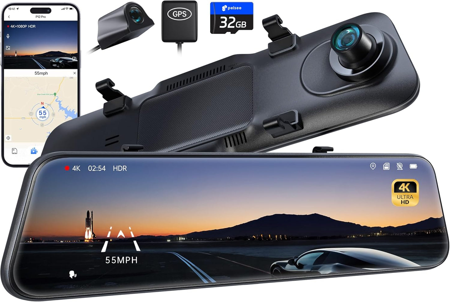 Pelsee P12 Pro 4K Mirror Dash Cam, 12'' Rear View Mirror Camera Smart Driving Assistant w/ADAS and BSD,2160P Front and Rear Camera,Voice Control,Night Vision,Parking Monitoring,32GB Memory Card