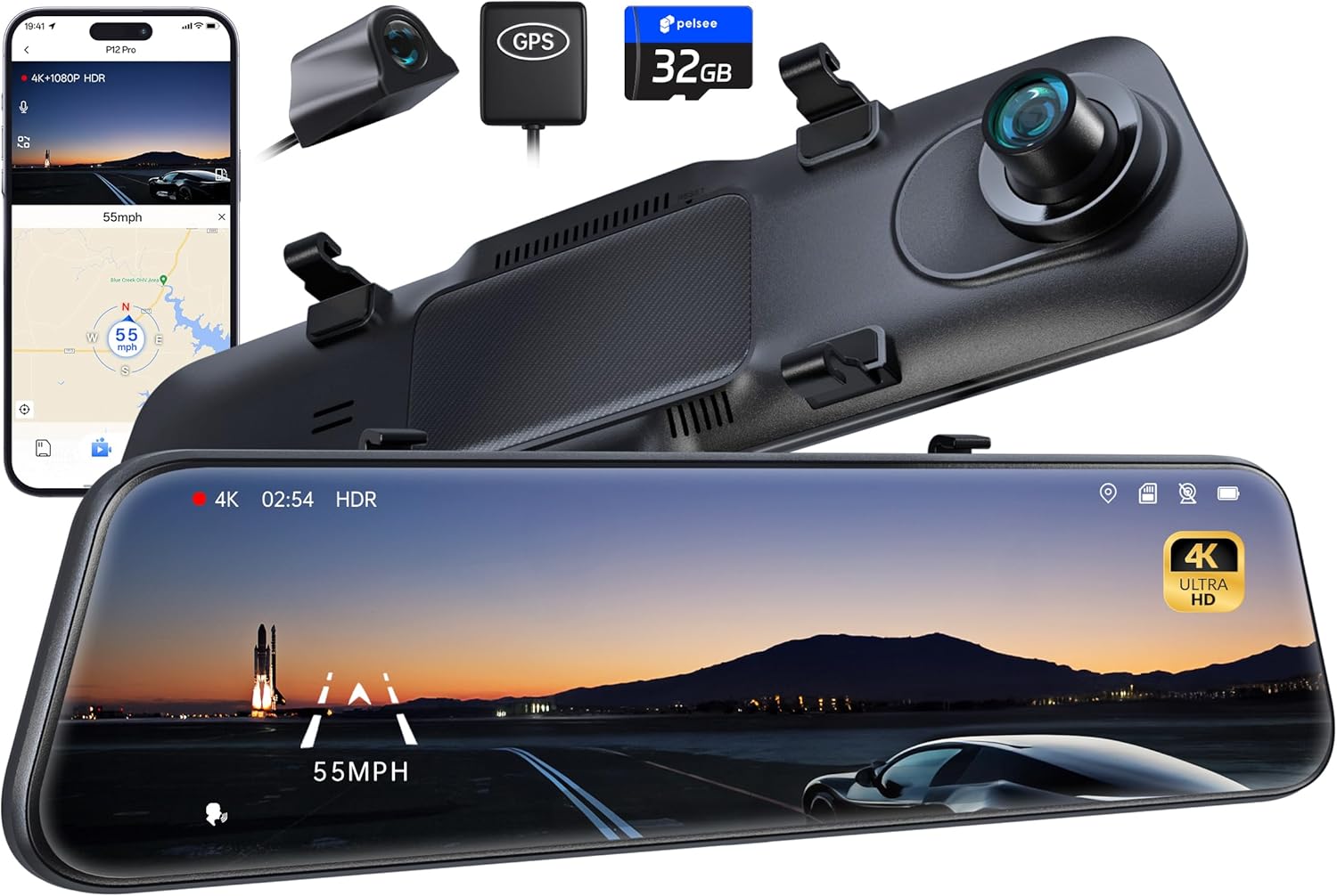 Pelsee P12 Pro 4K Mirror Dash Cam, 12'' Rear View Mirror Camera Smart Driving Assistant w/ADAS and BSD,2160P Front and Rear Camera,Voice Control,Night Vision,Parking Monitoring,32GB Memory Card