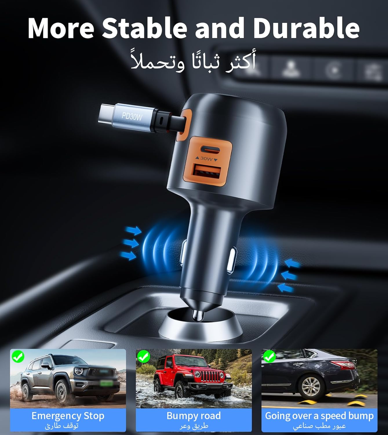 XXZU 3-in-1 Fast Car Charger, 60W Retractable Car Charger with 70cm Built-in USB C Cable, Cigarette Lighter Adapter with USB C & USB A Ports, Compatible with iPhone Series, Samsung Galaxy, Pixel, iPad