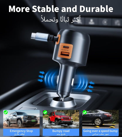 XXZU 3-in-1 Fast Car Charger, 60W Retractable Car Charger with 70cm Built-in USB C Cable, Cigarette Lighter Adapter with USB C & USB A Ports, Compatible with iPhone Series, Samsung Galaxy, Pixel, iPad