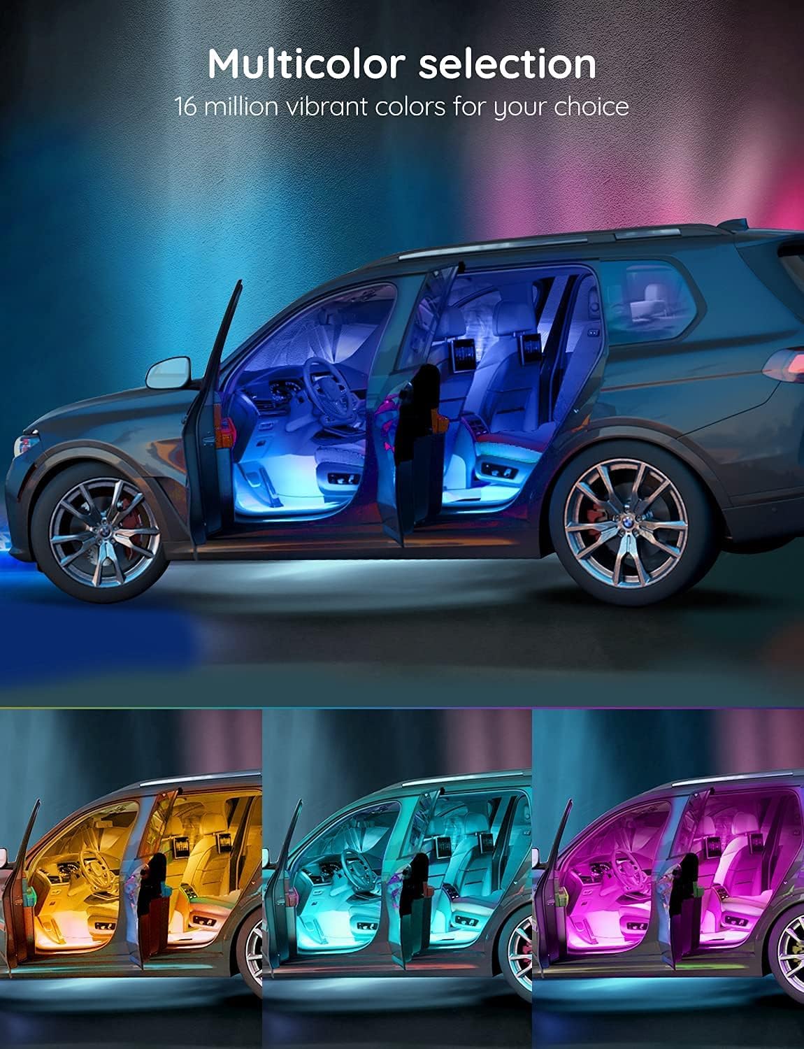 مصابيح سيارة LED من جوفي، مصابيح داخلية ذكية للسيارة مع نظام تحكم عبر تطبيق، مصابيح RGB داخل السيارة بوضع يدوي ووضع موسيقى بتصميم خطين، 4 * 0.72 قدم شرائط إضاءة للسيارات مع شاحن سيارة، 12 فولت