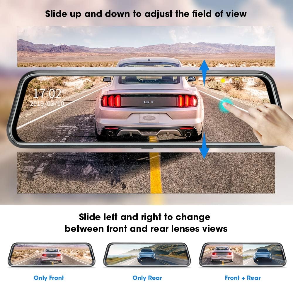 Jansite 10'' Mirror Dash Cam Night Vision 1080P FHD Full Touch Screen Front and Rear View Backup Camera for Cars Loop Recording Streaming Media 170°Wide Angle Parking Assistance with 10 Meters Cable
