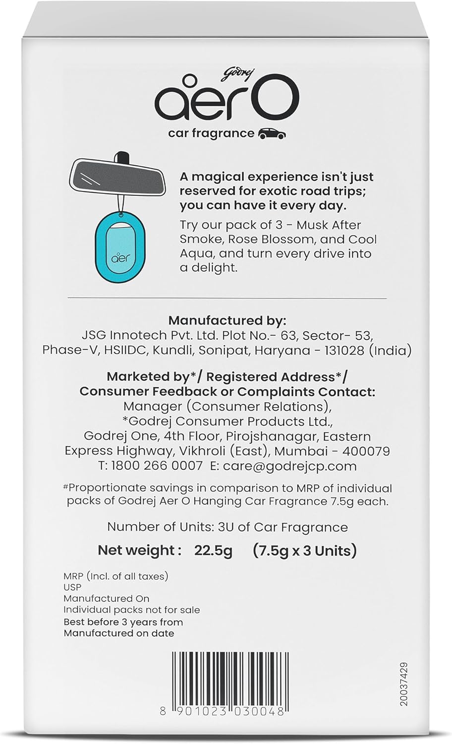 Godrej Aer O – Hanging Car Air Freshener – Assorted Pack of 3 (22.5g) | Gel Lasts up to 30 days | Car Accessories