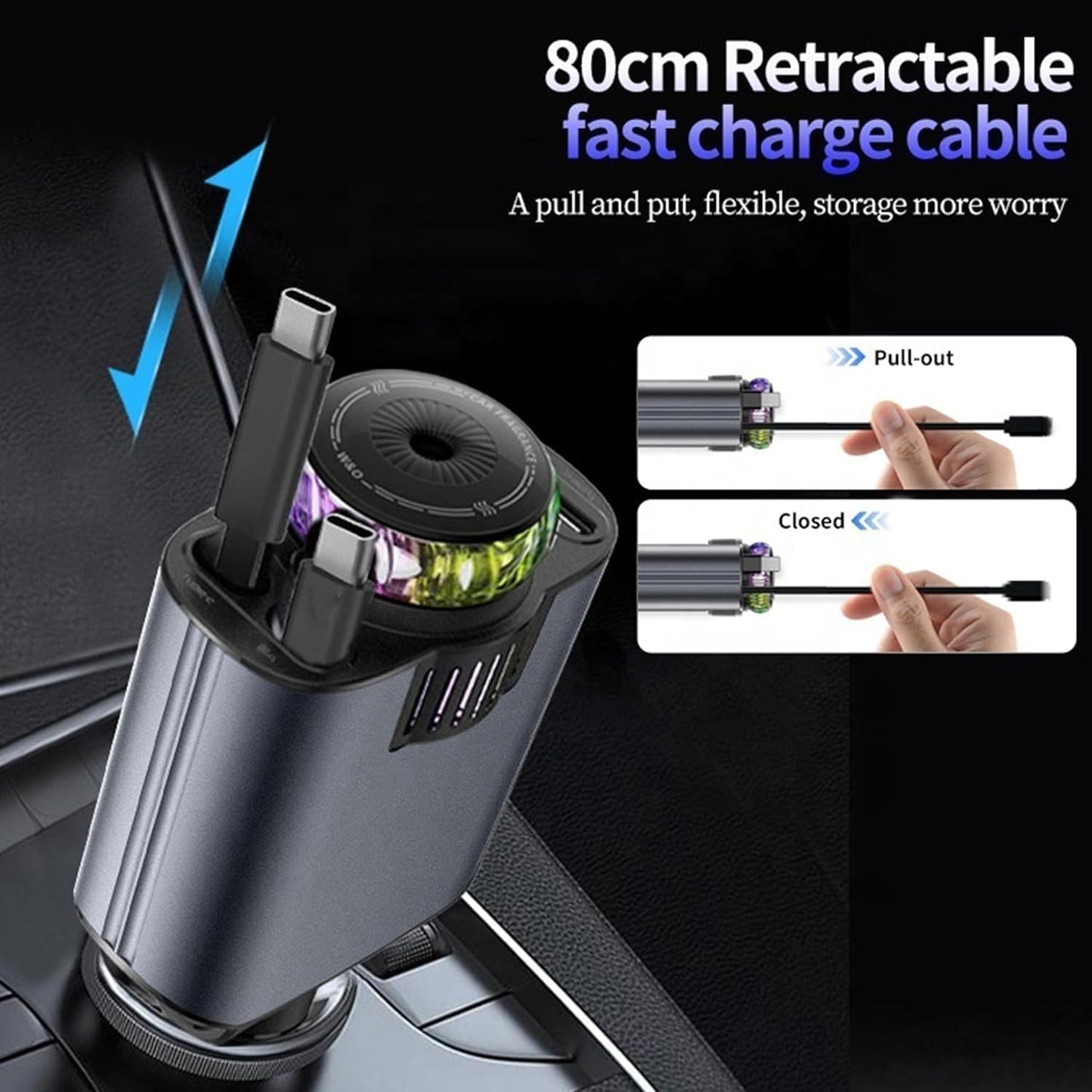 شاحن سيارة 5 في 1 برأس قابل للتعديل 180 درجة، كيبل شحن سريع قابل للسحب 80 سم USB-C وiOS، منفذ مزدوج 45 واط، معطر هواء مع ضوء LED على شكل نجمة، كيبل نوع C، شاحن سيارة سريع الشحن