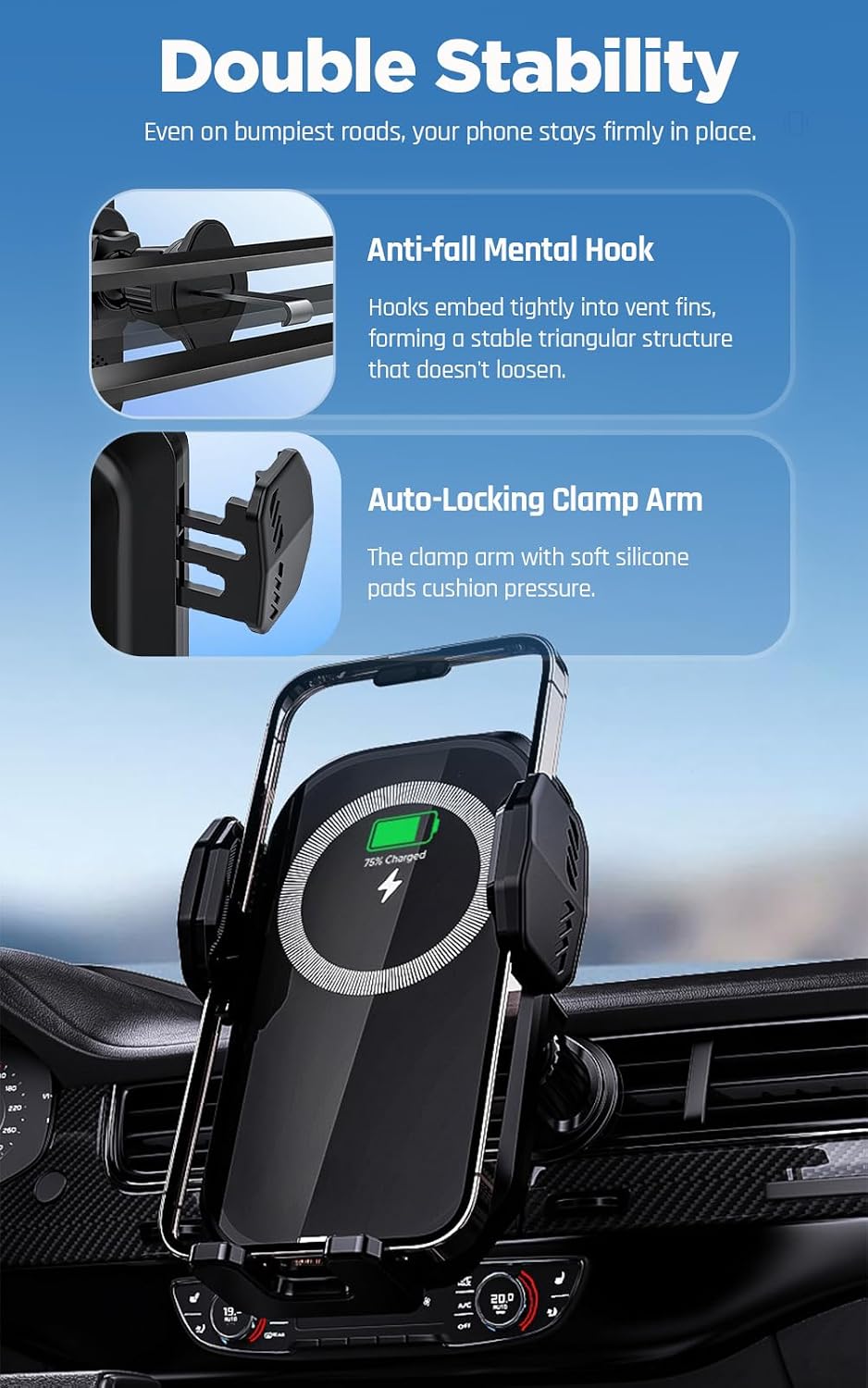 Car Phone Holder,15W Wireless Car Charger for Air Vent,Metal Hook,Touch Auto Lock,Fast Charger,Smart Control,Compatible with iPhone 16 Pro Max 15 14 Samsung Galaxy Xiaomi