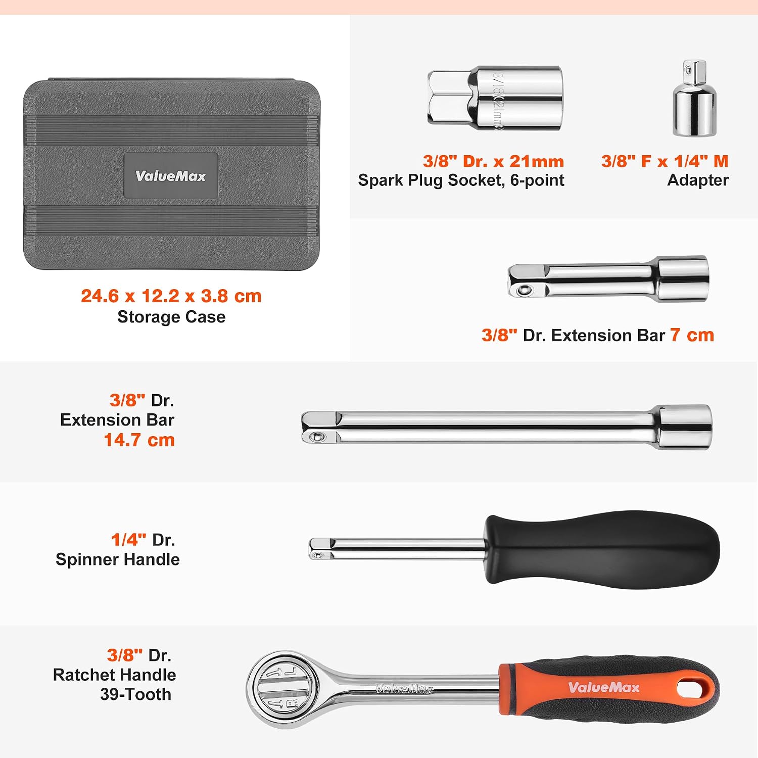 مجموعة مفاتيح سقاطة من ValueMax مكونة من 21 قطعة، مقاس 1/4 بوصة و3/8 بوصة، مقابس سقاطة متريّة من الصلب الكربوني، سقاطة، مقبض دوار، قضبان تمديد، مقبس شمعة الإشعال، أدوات صيانة السيارات والدراجات