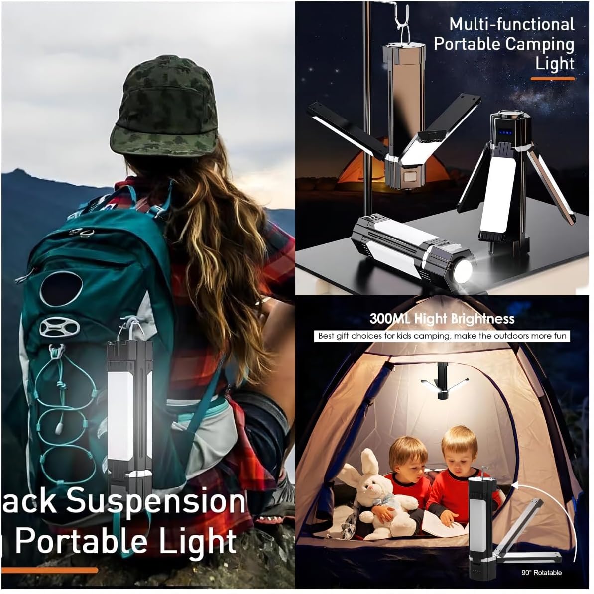 Camping Lantern, LED Flashlight Lantern, Foldable Electric Camping Lights Lamp 5 Modes, 3000mAh Portable with Magnetic Top for Outdoor, Power Cuts, Fishing, Magnetic Vehicle Repair Light