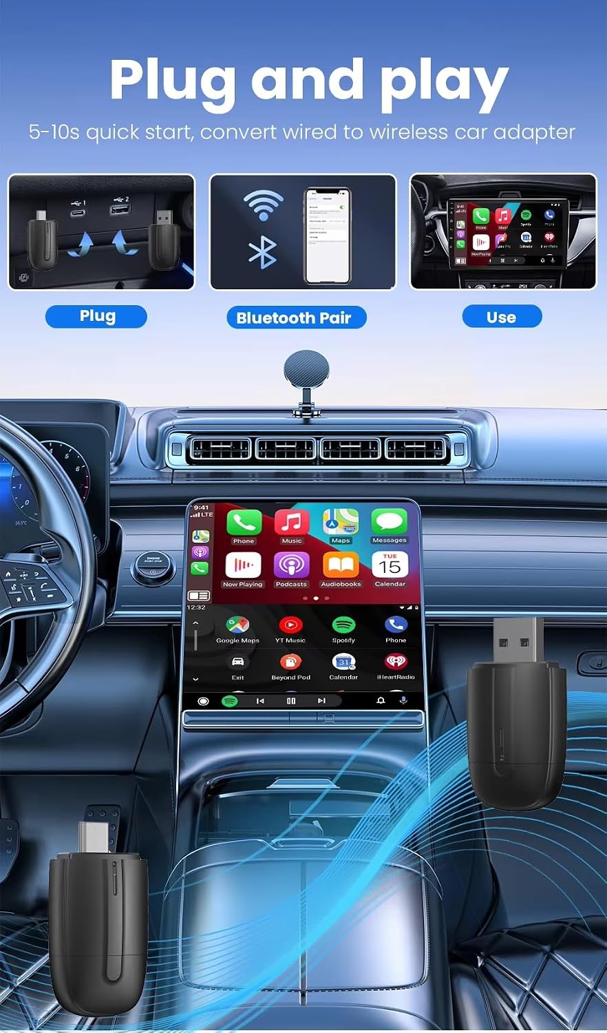 محول كاربلاي لاسلكي واندرويد اوتو - USB A + نوع C واجهة مزدوجة 2 في 1 دونجل لاسلكي لتشغيل السيارات او اي ام السلكي