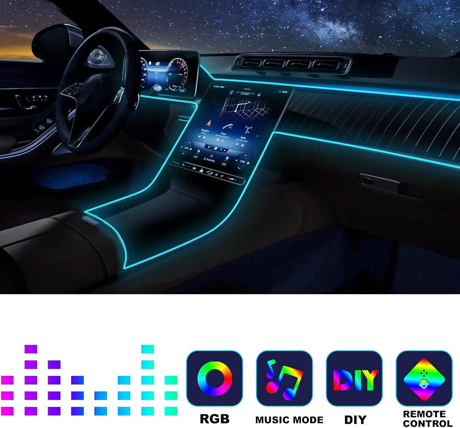 شريط إضاءة LED داخلي للسيارة، إضاءة محيطة LED بألوان RGB بـ 16 مليون لون من الألياف الضوئية وإيقاع مزامنة الموسيقى، ملحقات إضاءة LED نيون USB للوحة التحكم المركزية ولوحة القيادة، نسخة مطورة