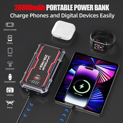 FEIKFEIZ Car Jump Starter, 6000A Peak 26800mAh 12V Battery Jumper Starter Portable for Up to All Gas/8.0L Diesel Vehicles with USB Charge Output Port and LED Lights.