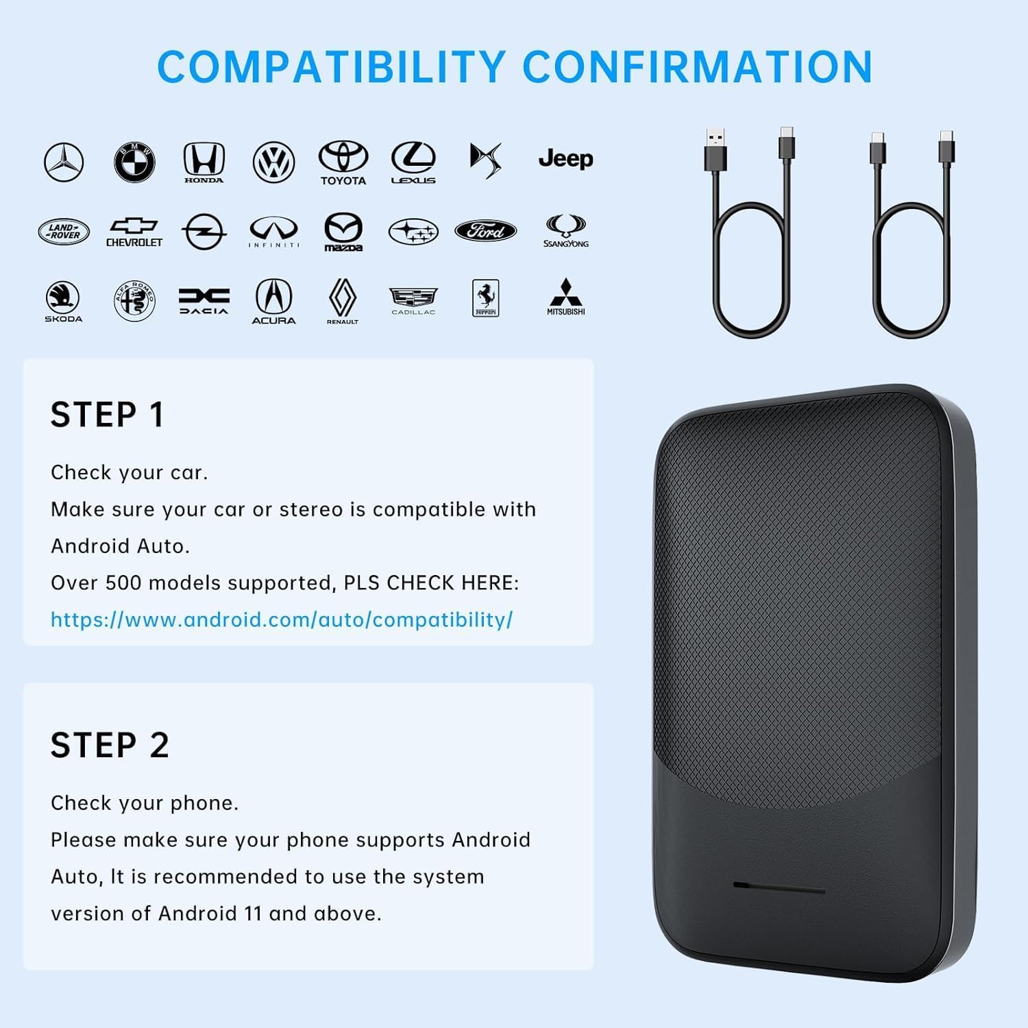 Wireless Android Auto Car Adapter, Plug & Play Dongle For Phones Fit 2015 And Above Cars Converts Wired To