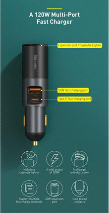 شاحن سيارة USB C 120 واط باسيوس متعدد USB شحن سريع كيو سي 3.0 وبي دي 3.0 30 واط + 30 واط + 60 واط 1 USB، 1 نوع سي ومنافذ توسيع ولاعة السجائر للهواتف الذكية/التابلت/سويتش
